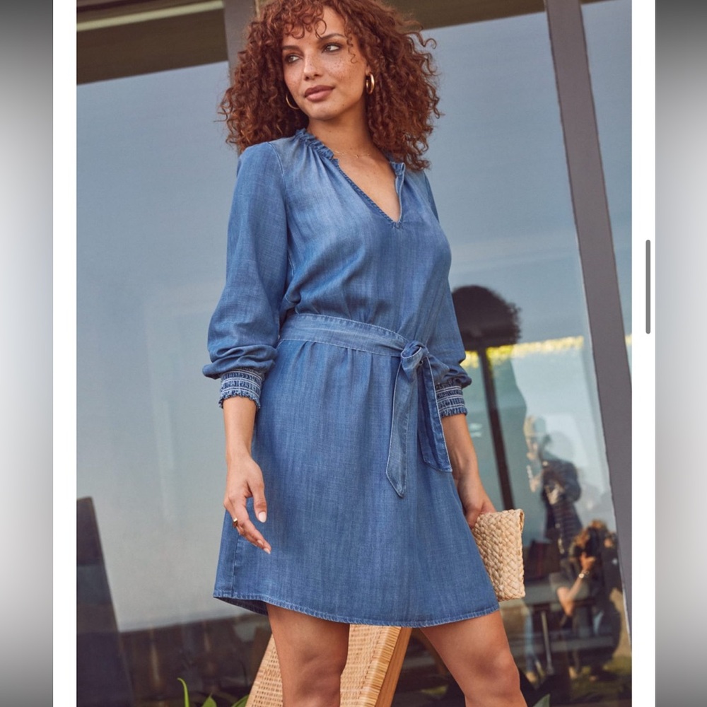 Anthropologie Cloth And Stone Ruffle Neck Mini Chambray Dress